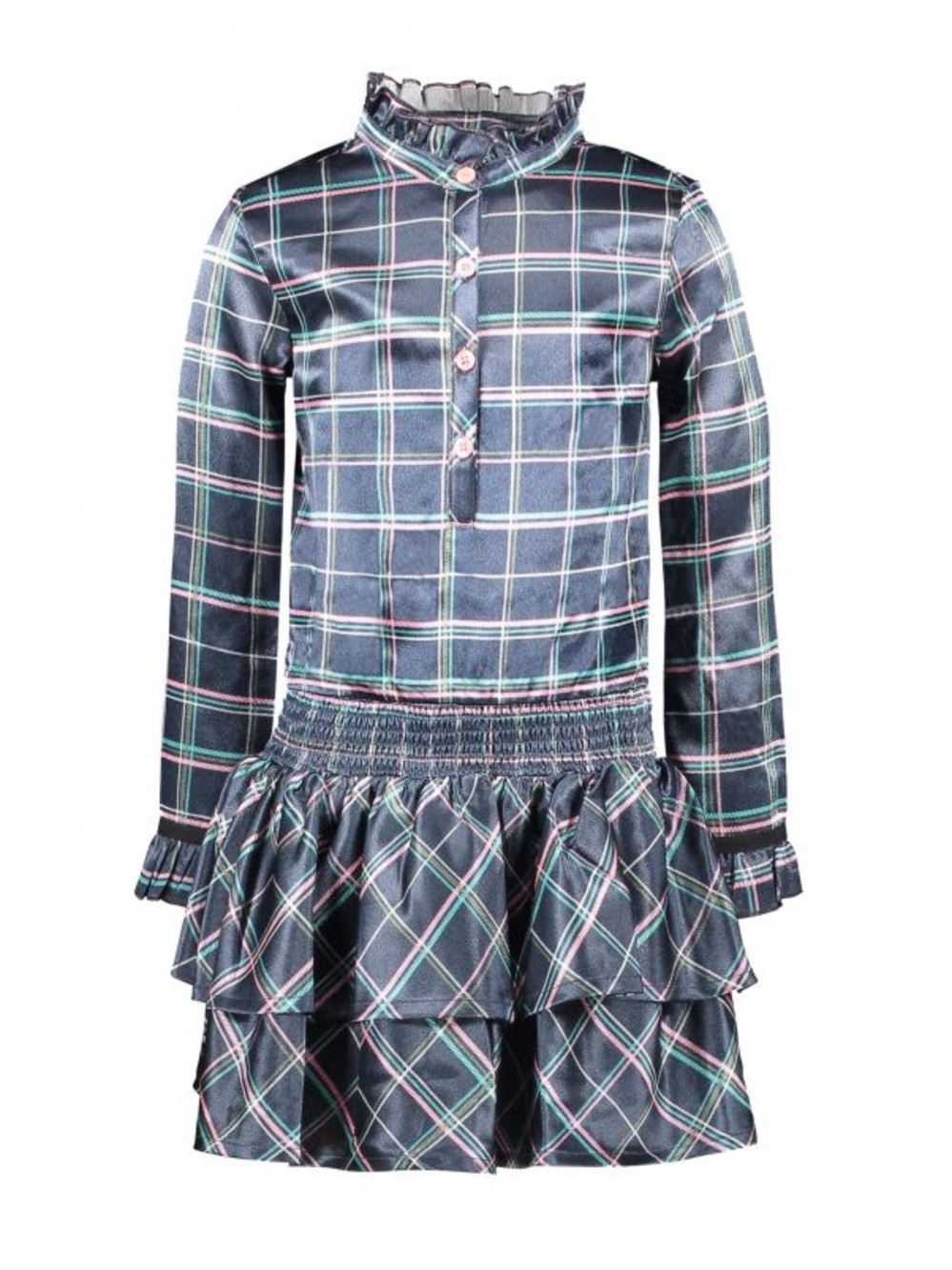 Girls Navy Plaid Ruffle-Tiered Casual Dress